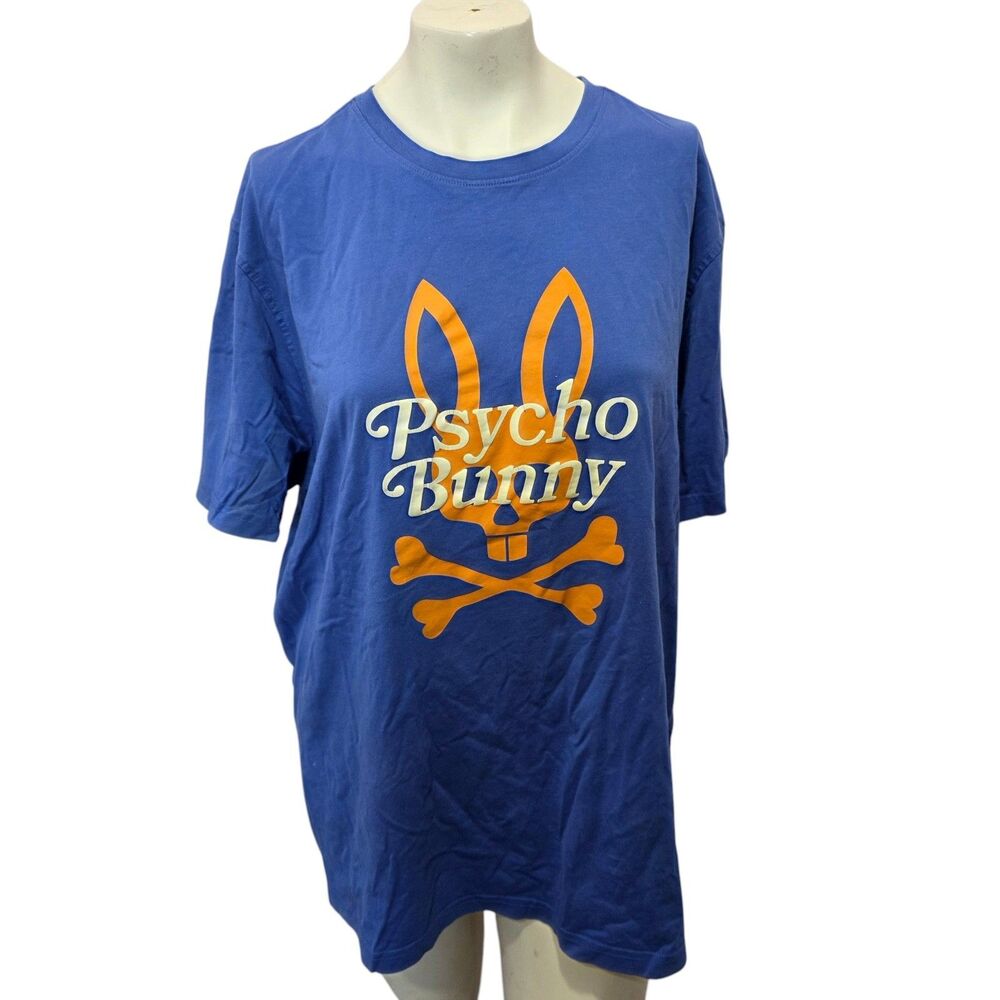 Psycho Bunny Graphic Logo Tee Blue Orange Pima Cotton T-Shirt Mens‎ Size 8